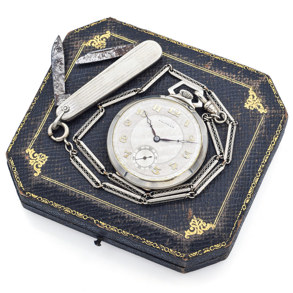 Antique Waltham Riverside 14K White Gold 21 Jewels Size 12s Pocket Watch & Knife