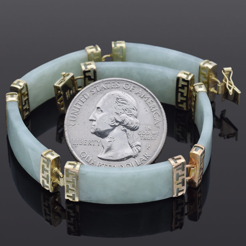 Vintage 14K Yellow Gold Green Jade 10.5 mm Link Bracelet 7 Inches