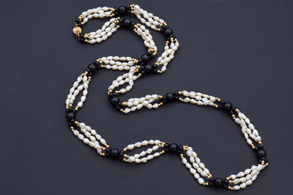 Vintage 14K Yellow Gold Pearl & Onyx Beaded Strand Necklace 32.75 Inches