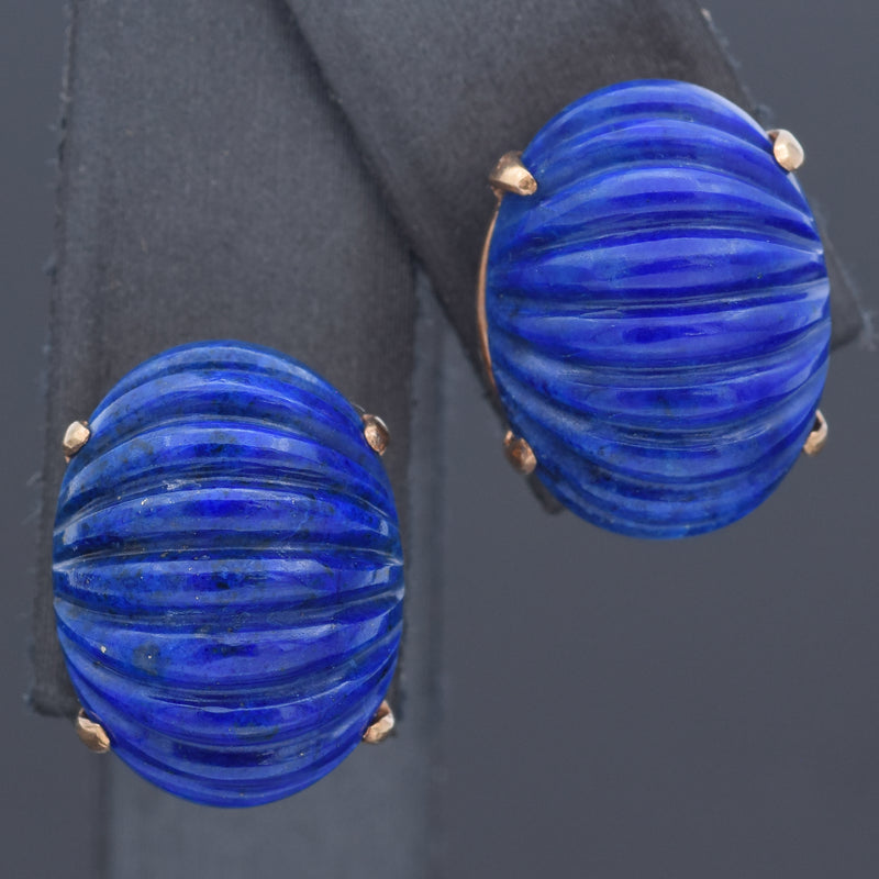 Cartier Vintage 1950s/1960s 14K Yellow Gold Lapis Carved Oval Cabochon Earrings