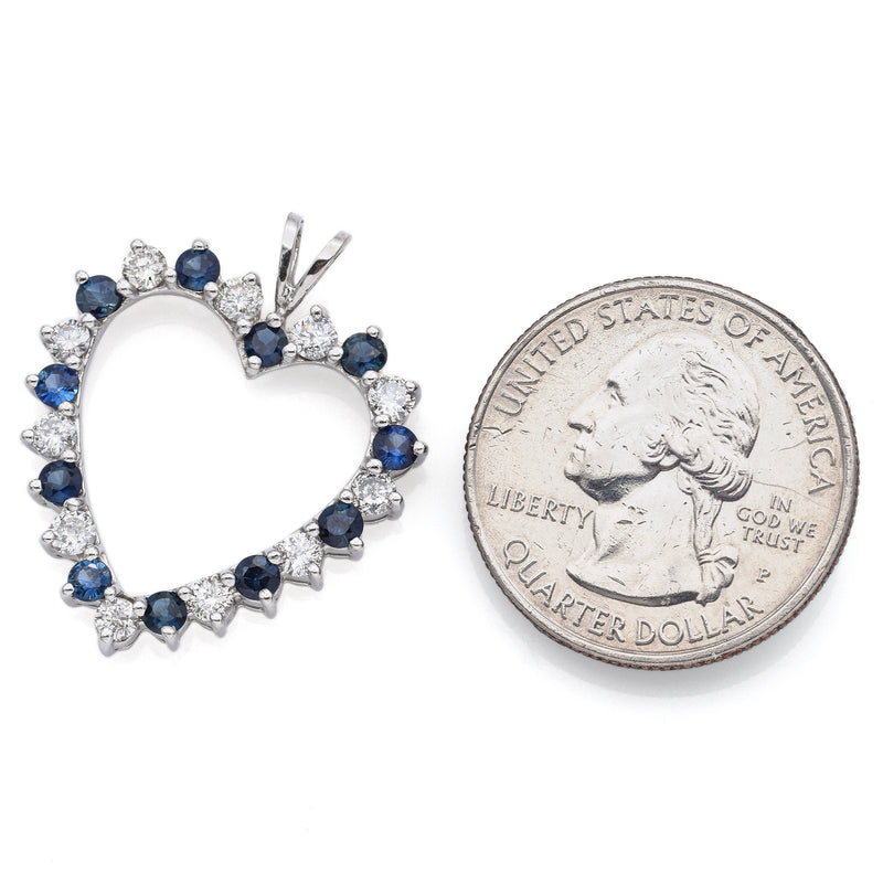 Vintage 14K White Gold Sapphire & 0.85 TCW Diamond Open Heart Pendant