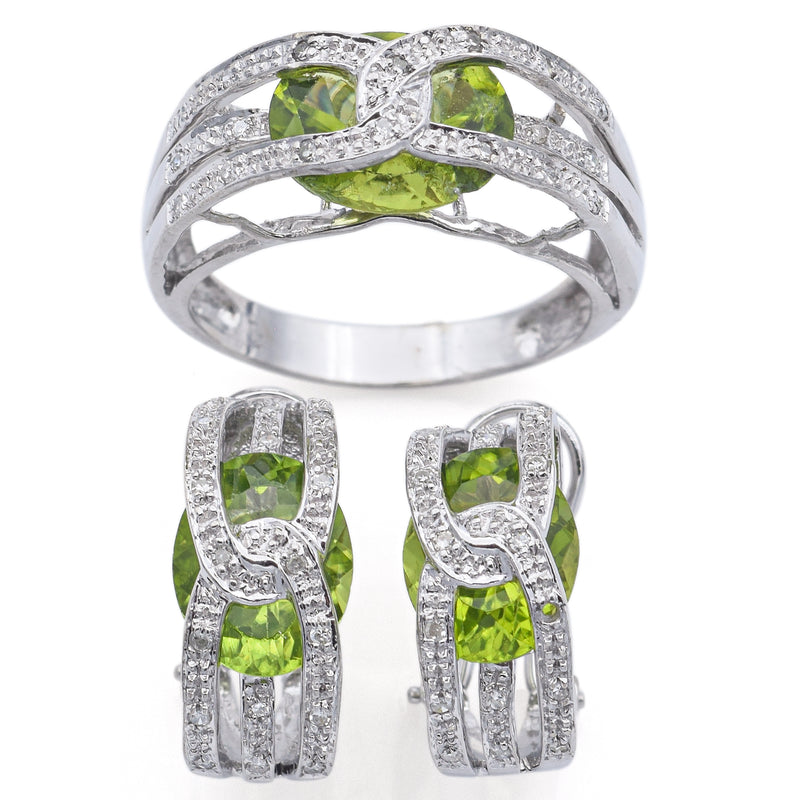 Estate 14K White Gold Peridot & 0.54 TCW Diamond Ring & Omega-Back Earrings Set