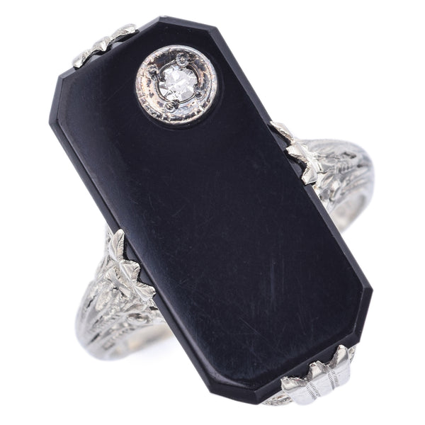 Antique 18K White Gold Black Onyx & Diamond Rectangle Ring Size 4