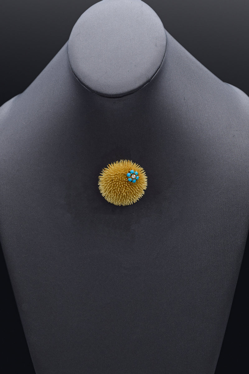 Vintage Tiffany & Co. 18K Yellow Gold Turquoise & Diamond Large Brooch Pin + Box