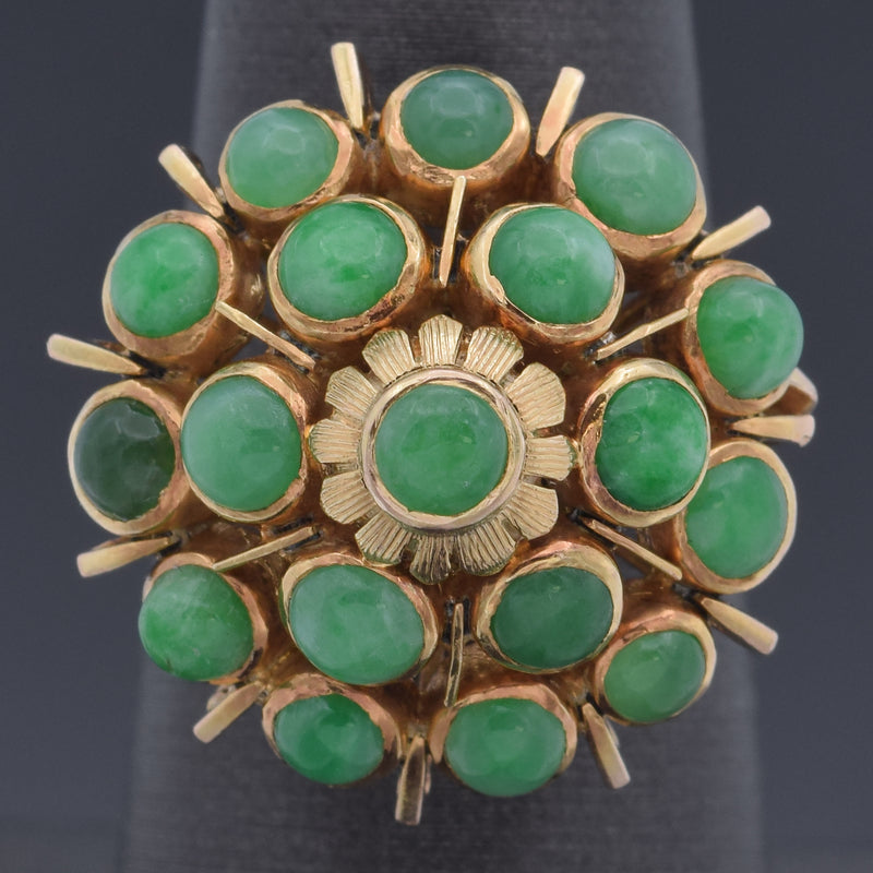 Vintage 14K Yellow Gold Green Jade Thai Princess Harem Cocktail Ring Size 6.5