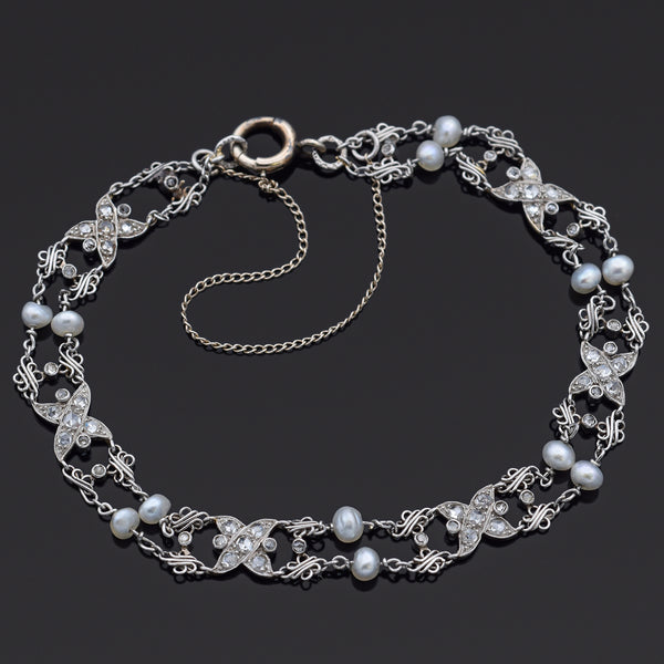 Antique Platinum 1.15 TCW Rose Cut Diamond & Pearl Chain Bracelet