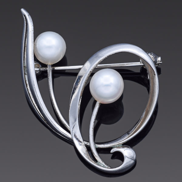 Vintage Mikimoto Pearl Sterling Silver Brooch Pin 38.5 x 25.5 mm