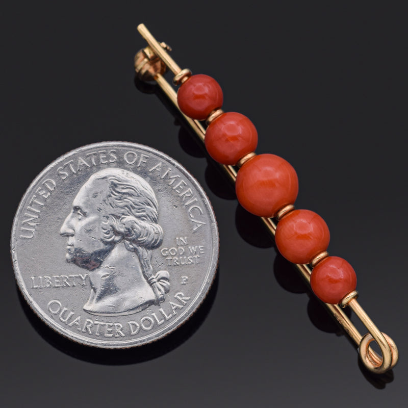 Vintage 18K Yellow Gold Red Coral Bead Safety Pin Brooch Pin