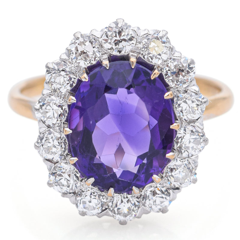 Vintage 18K Yellow Gold and Platinum 2.37 Ct Amethyst & 1.12 TCW Diamond Ring