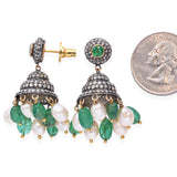 Estate 18K Gold & Sterling Silver Pearl Emerald & 3.29 TCW Diamond Drop Earrings