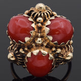 Vintage 14K Yellow Gold Red Coral Cluster Cocktail Ring Size 6.5