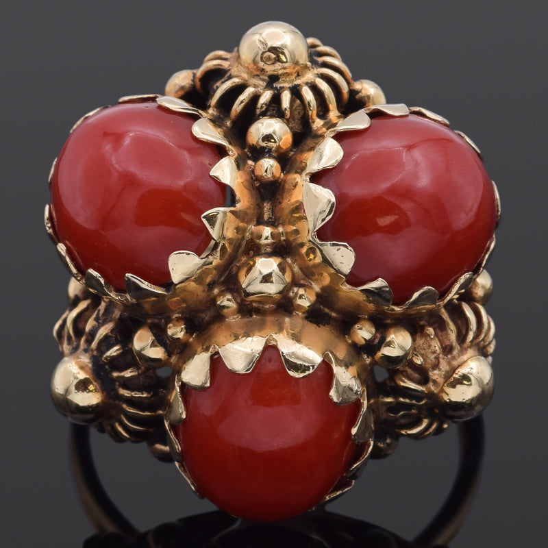 Vintage 14K Yellow Gold Red Coral Cluster Cocktail Ring Size 6.5