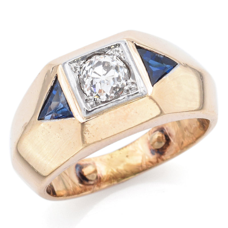 Vintage 14K Yellow Gold Sapphire & 0.65 Ct Old Euro Diamond Ring Size 6.5
