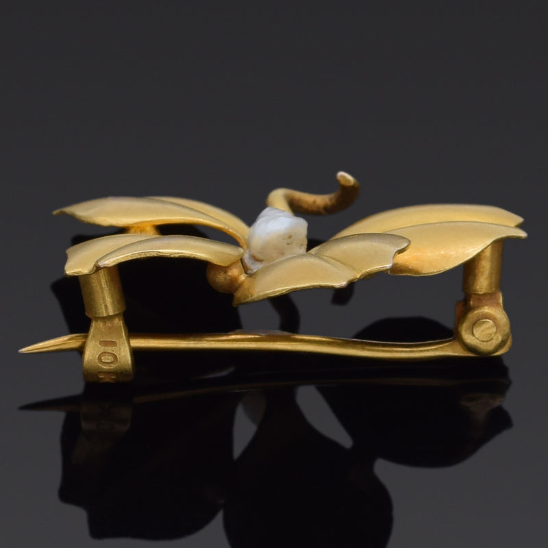 Antique 10K Yellow Gold Pearl Leaf Brooch Pin