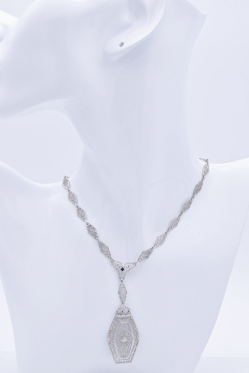 Vintage 13K White Gold Sapphire & Diamond Filigree Pendant Necklace