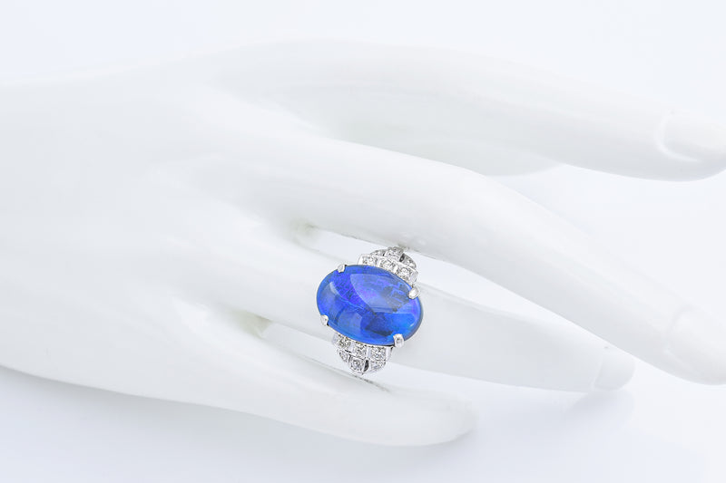 Antique 正白金 Platinum 6.34 Ct Black Opal & 0.36 TCW Diamond Cocktail Ring Size 6