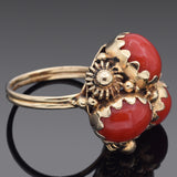 Vintage 14K Yellow Gold Red Coral Cluster Cocktail Ring Size 6.5