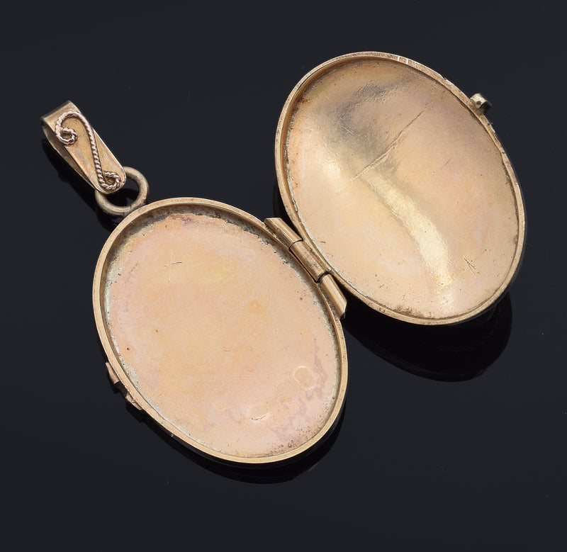 Antique 14K Yellow Gold Blue Enamel Oval Locket Pendant