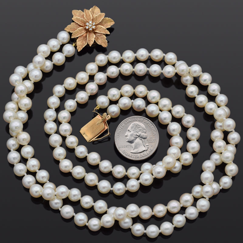 Vintage 14K Yellow Gold 7-7.5 mm Pearl & Diamond Beaded Strand Necklace 22"