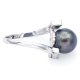 Vintage 14K White Gold Black Pearl & Diamond Bypass Band Ring Size 5.5