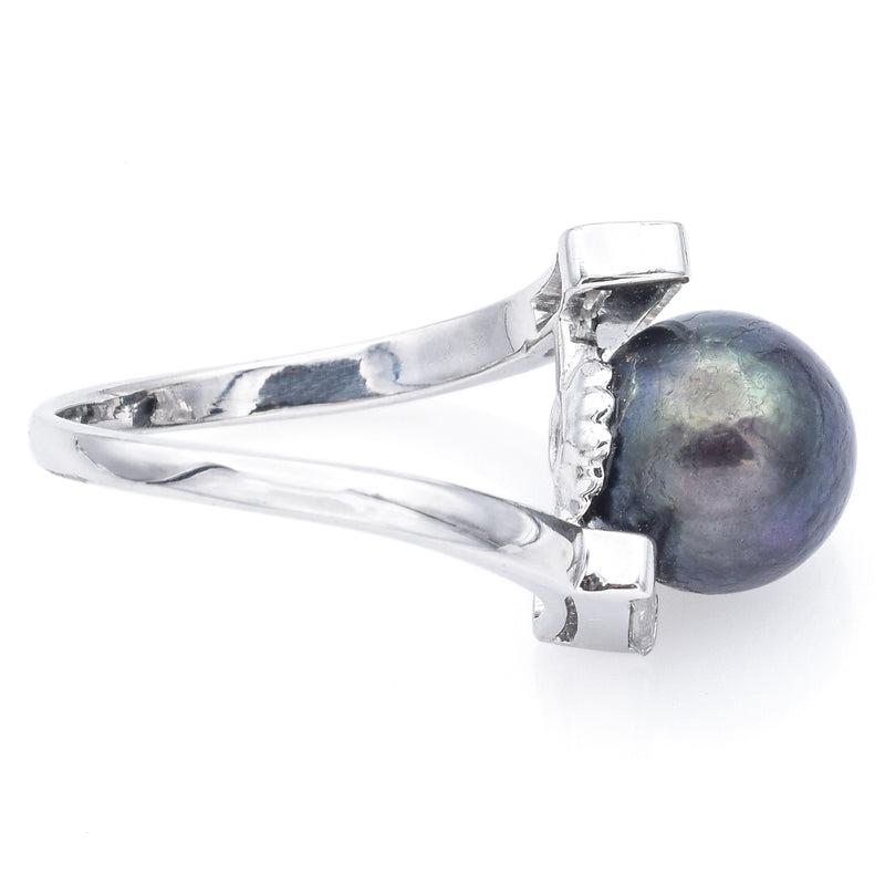 Vintage 14K White Gold Black Pearl & Diamond Bypass Band Ring Size 5.5