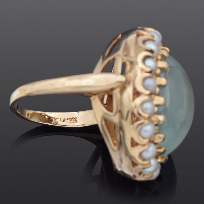 Vintage 14K Yellow Gold 12.81 Ct Aquamarine & Pearl Cocktail Ring Size 7