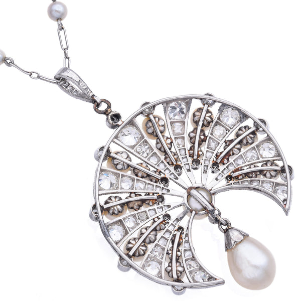 Antique Art Deco 1920 French Platinum Pearl & .75 TCW Diamond Pendant Necklace