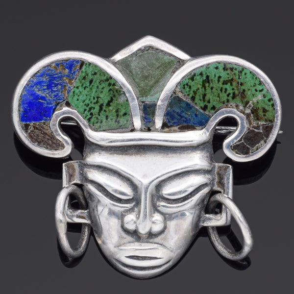 Los Castillo Sterling Silver Azurite-Malachite Mosaic Azteca Mask Brooch Pin