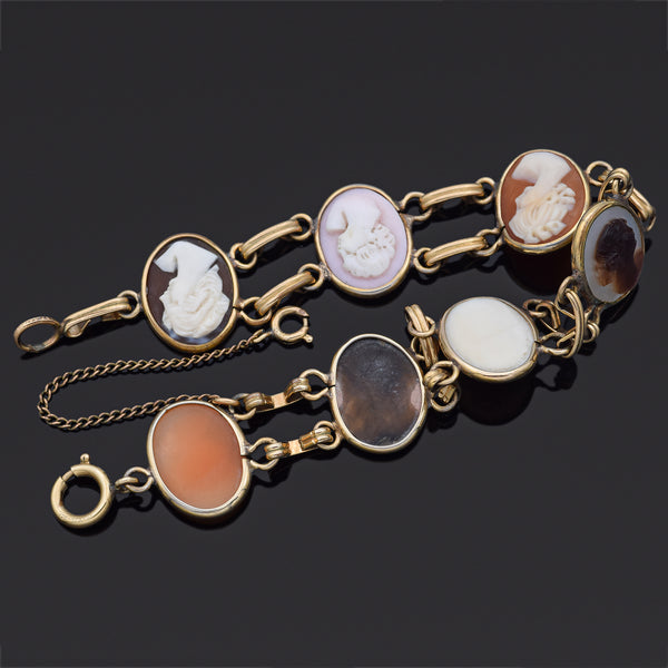 Antique 12K GF Coral, Mother of Pearl & Shell Cameo Link Bracelet