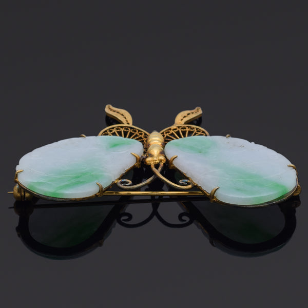 Vintage Chinese Gilt Silver Filigree Jade Butterfly Moth Brooch Pin