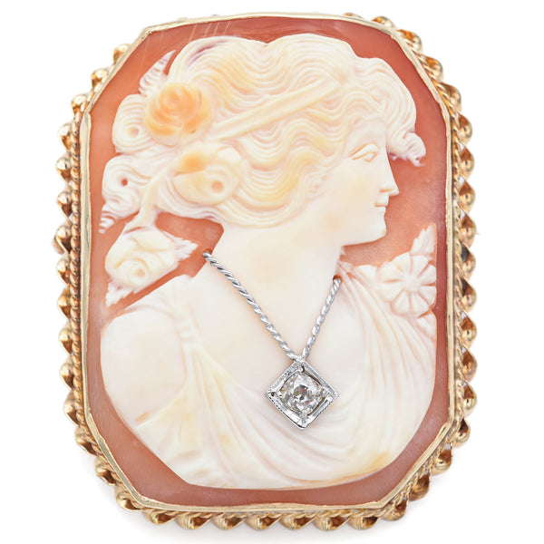Antique 14K Yellow Gold Cameo Shell & Old Euro Diamond Large Brooch Pin Pendant
