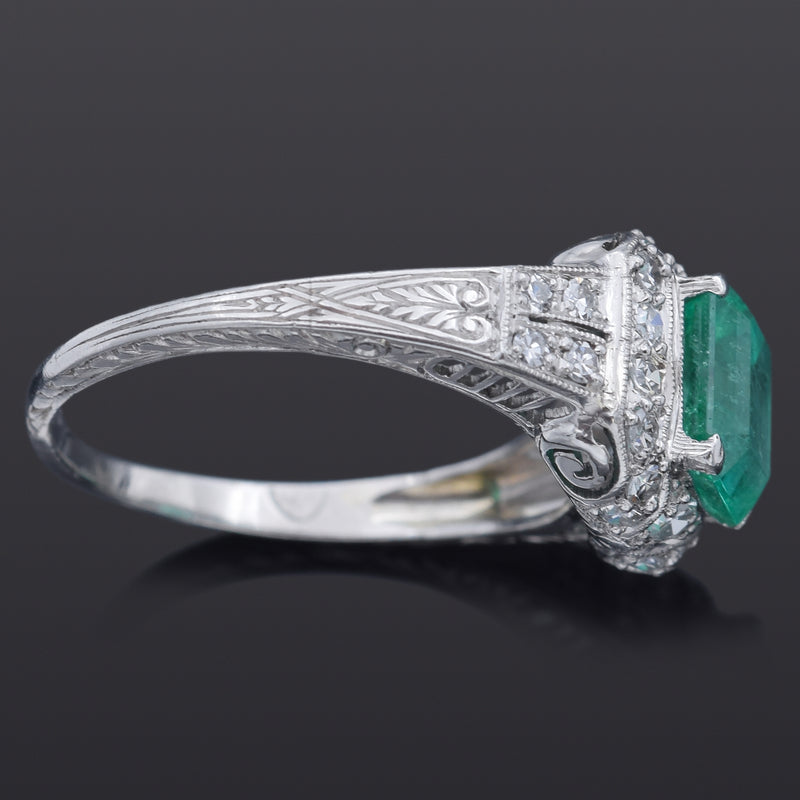 GIA Antique Art Deco 1.51 Ct Emerald & 0.52 TCW Diamond Platinum Ring Size 6.5