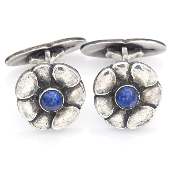 Vintage Georg Jensen Sterling Silver Lapis Lazuli Floral Cufflinks