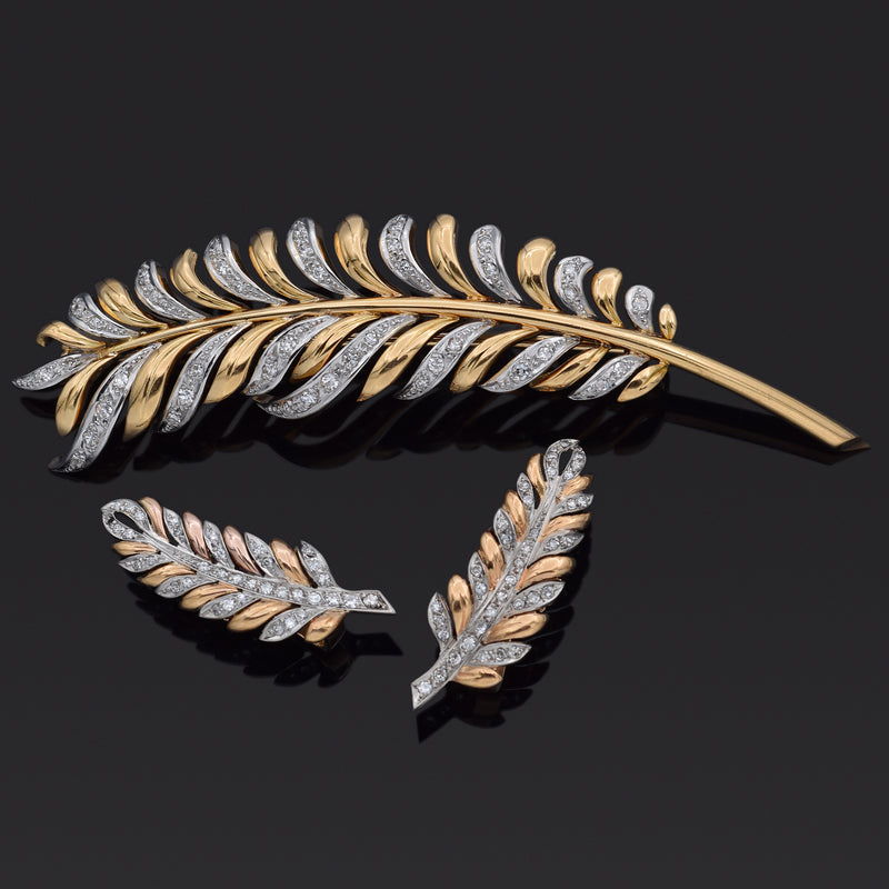 Vintage J Roca 18K Yellow Gold 0.68TCW Diamond Feather Brooch Pin & Earrings Set