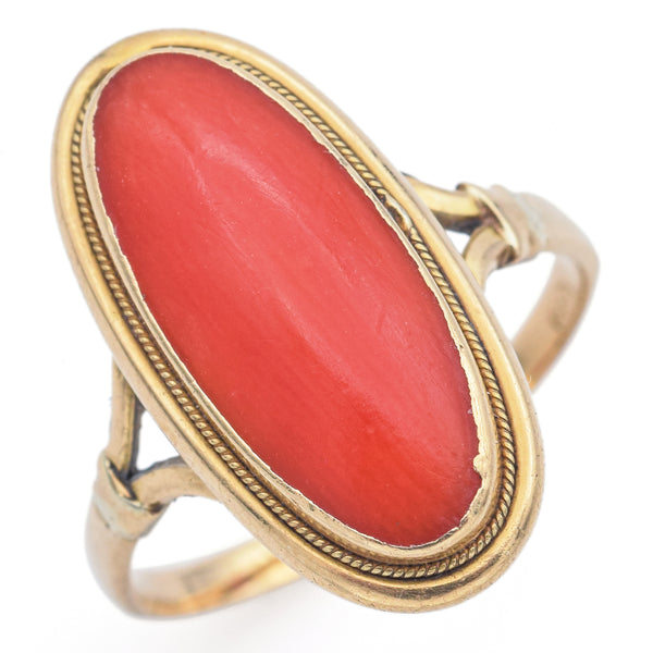 Vintage 18K Yellow Gold Red Coral Oval Cabochon Cocktail Ring Size 5.5