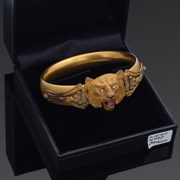 Antique PR ST Co Victorian Heavy GF Diamond Ruby Lion Bangle Bracelet +Box