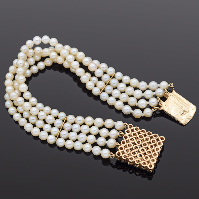 Vintage 14K Gold Sapphire, Emerald, Diamond & Pearl Beaded Multi-Strand Bracelet