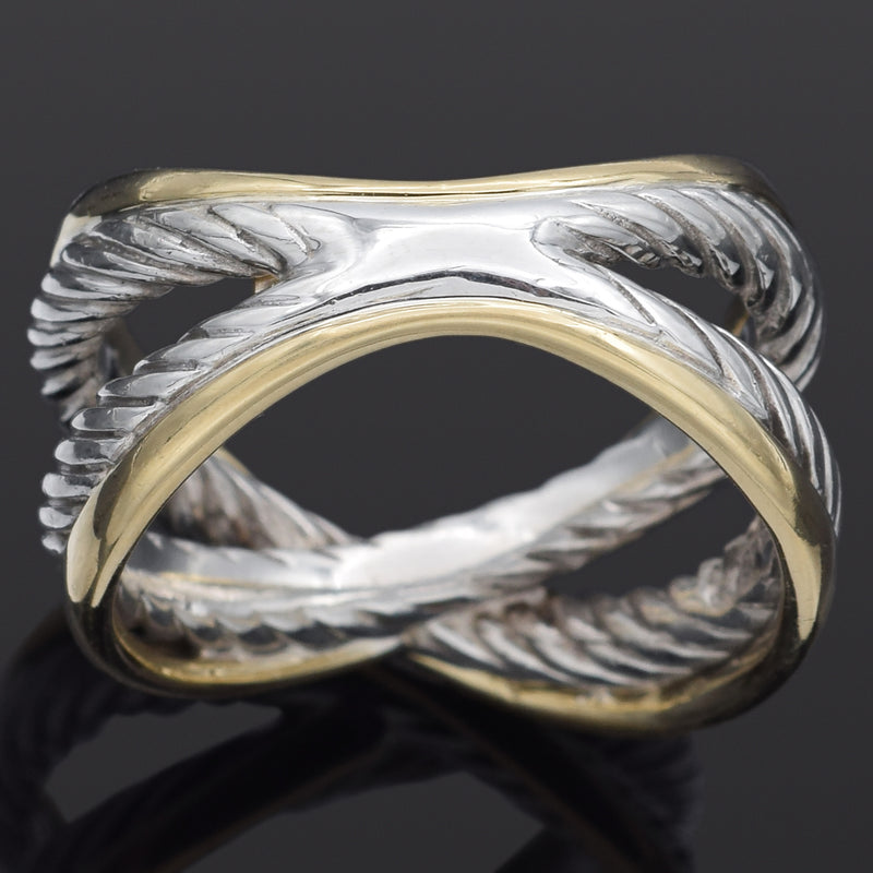 David Yurman Sterling Silver & 18K Yellow Gold X Crossover Ring Size 6.5 Pouch