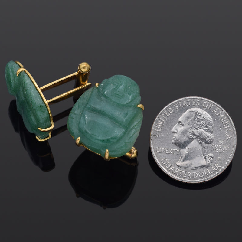 Vintage 14K Yellow Gold Aventurine Carved Buddha Large Cufflinks 13.2 Grams