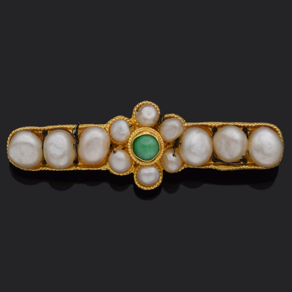 Antique Green Jade & Pearl 20K Yellow Gold Brooch Pin