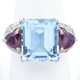 Vintage 18K White Gold 10.29 Ct Aquamarine, 1.40 TCW Ruby, 0.35 TCW Diamond Ring