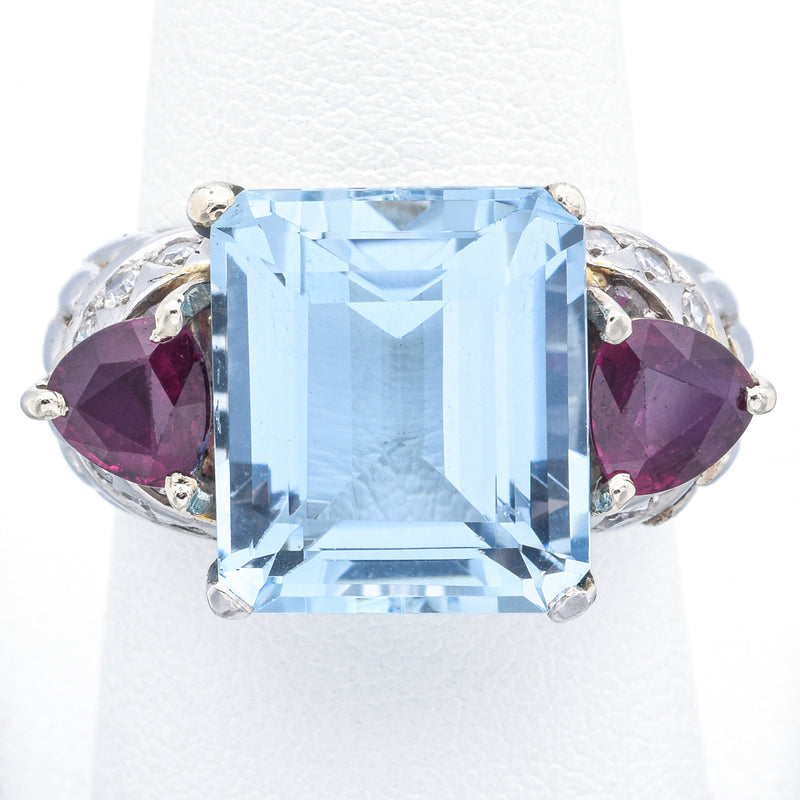 Vintage 18K White Gold 10.29 Ct Aquamarine, 1.40 TCW Ruby, 0.35 TCW Diamond Ring