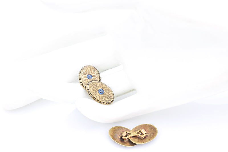 Antique 14K Yellow Gold Sapphire Etched Ornamental Mens Cufflinks