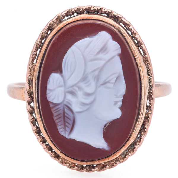 Antique 14K Yellow Gold Cameo Hardstone Cocktail Ring Size 5.5