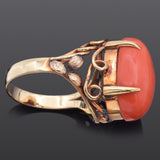 Vintage 14K Yellow Gold Red Coral Filigree Cocktail Ring 6.3 Grams Size 6.25