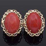 Vintage 18K Yellow Gold Red Coral Oval Cabochon Latch-Back Earrings