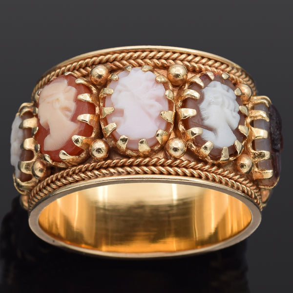 Vintage ACI 14K Yellow Gold Angel Skin Coral, Mother of Pearl & Shell Cameo Ring