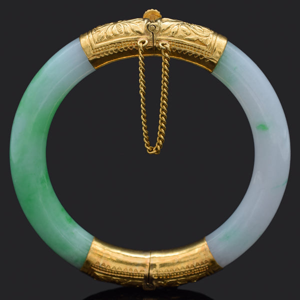 Vintage Translucent Green Jade 23K Yellow Gold Hinged Bangle Bracelet