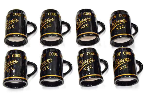 Lot of 8 Vintage Rogers Corner NYC 16 Oz Black & Gold Ceramic Beer Mugs