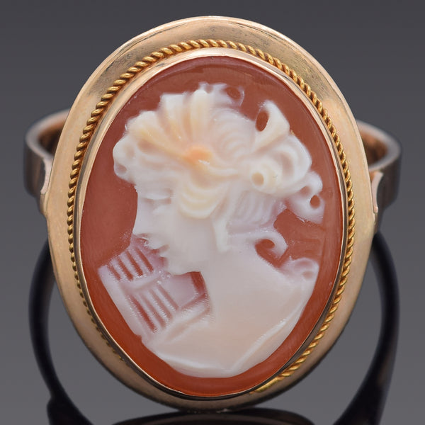 Antique 14K Yellow Gold Cameo Shell Cocktail Ring Size 6